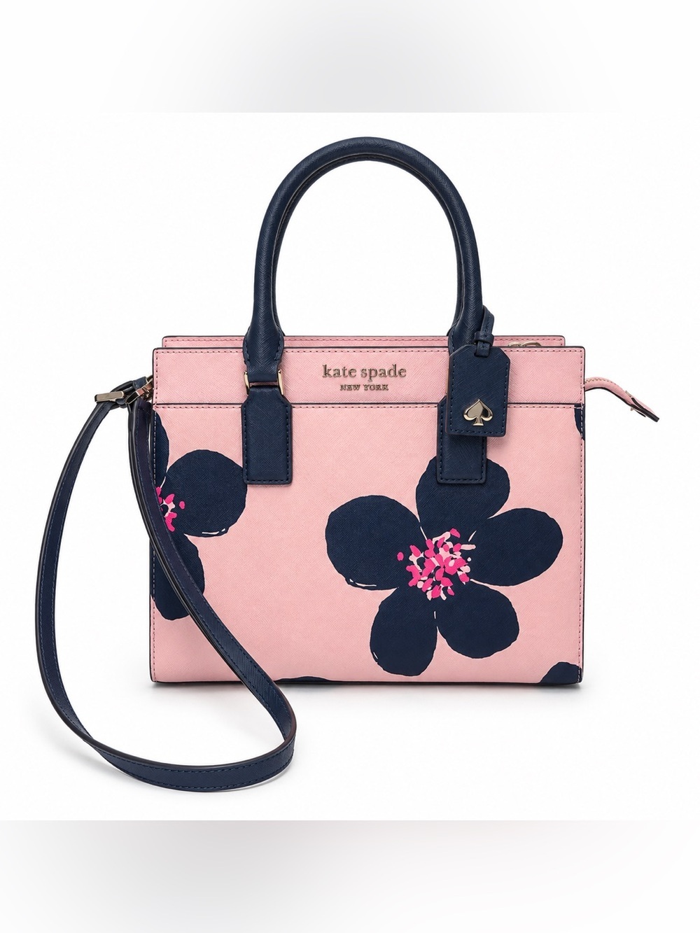 Kate Spade New York Pink Navy Grand Flora Cameron Satchel Crossbody Saffiano Bag